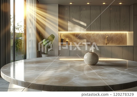 Modern and elegant design kitchen with large marble table and a vase Modern and elegant design kitchen with large marble table and a vase 120278329