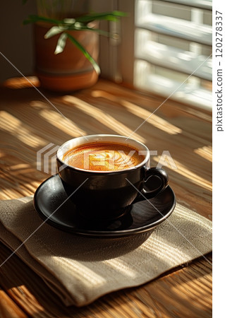 Black coffee cup with white rim on wooden table 120278337