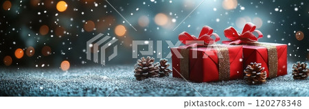 Red box with ribbon in the snow surrounded by pine trees. Festive Christmas and joyful atmosphere Red box with ribbon in the snow surrounded by pine trees. Festive Christmas and joyful atmosphere 120278348