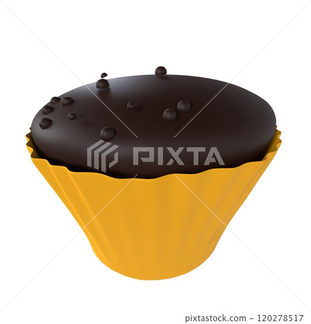 Chocolate cupcake in a yellow wrapper on white background 120278517