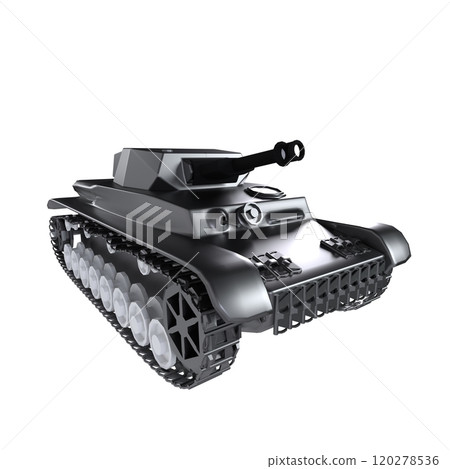 Black toy tank model on a white background in playful display Black toy tank model on a white background in playful display 120278536