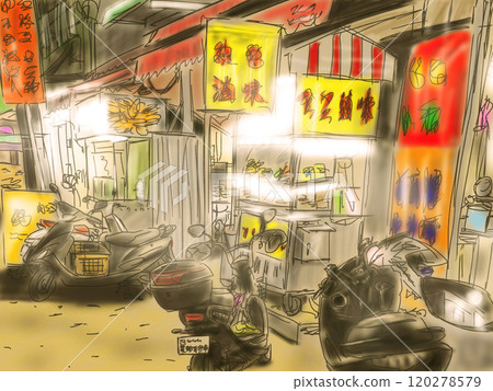 漫步台灣夜市_攤位燈光耀眼，讓人懷舊 120278579