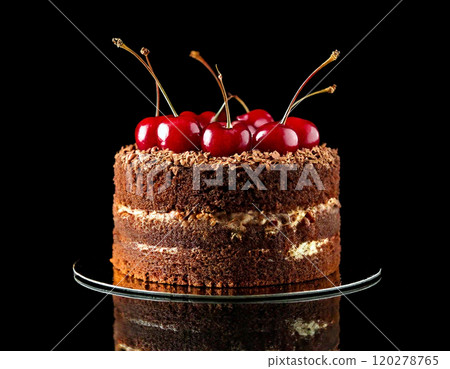 American cherry and chocolate cream cake on black background 120278765