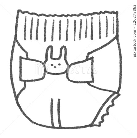 Illustration of a tape-type disposable diaper with a picture of a rabbit on the stomach area 120278862