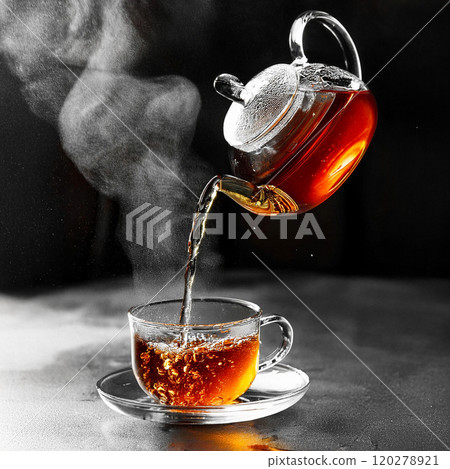 將茶從漂浮的茶壺倒入茶杯的那一刻－茶時間的夢幻畫面 120278921