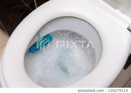 Toilet Cleaning with Colorful Bubbles and a Brush in Action to Ensure Maximum Cleanliness 120279114
