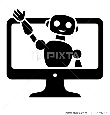 Silhouette illustration of an artificial intelligence robot emerging from a desktop computer monitor, cut out on a transparent background 120279213