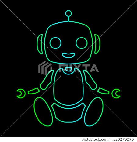 霓虹色線條畫一個可愛的人工智慧機器人的插圖，黑色背景上的切口 120279270