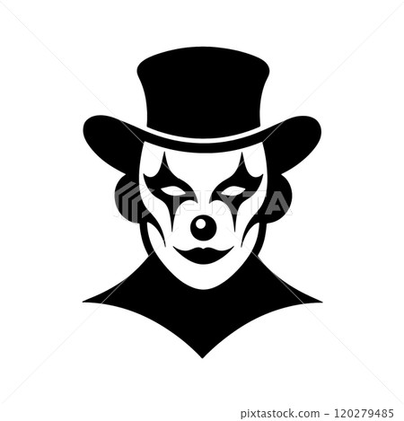 一個小丑的簡單剪影圖標，臉色恐怖，透明背景上有切口 120279485