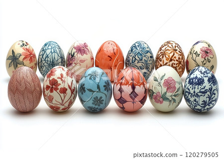 A Collection of Beautifully Colorful and Decorated Easter Eggs on Display for Everyone to Enjoy A Collection of Beautifully Colorful and Decorated Easter Eggs on Display for Everyone to Enjoy 120279505