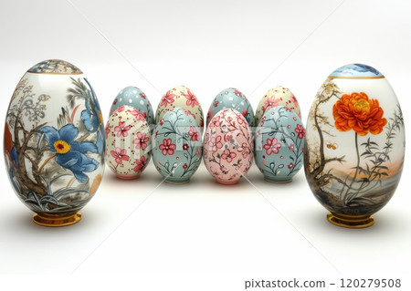 Collection of Beautifully HandPainted Decorative Easter Eggs, Perfect for Celebrating the Holiday 120279508