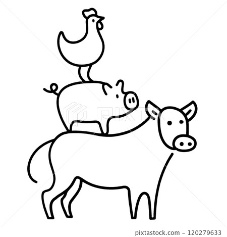 Hand-drawn line drawing illustration of a tower of cows, pigs and chickens. Meat concept. Cutout on transparent background Hand-drawn line drawing illustration of a tower of cows, pigs and chickens. Meat concept. Cutout on transparent background 120279633