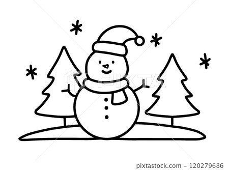 手繪線條圖畫可愛的雪人和冬季景觀，透明背景上的切口 120279686