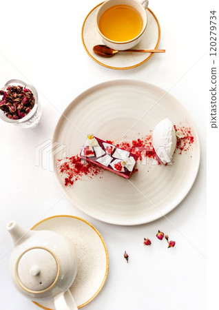 Sakura dessert with cherry marshmallow, white chocolate and ice cream 120279734