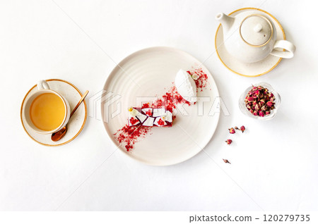 Sakura dessert with cherry marshmallow, white chocolate and ice cream 120279735