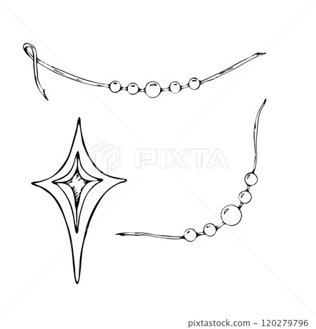 Set of Christmas decorations. Hand drawn vector illustration with garlands and star. Design elements for greeting card or invitation. Black outlines, white background 120279796
