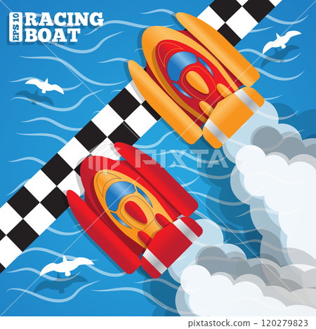 The racing boats at the finish line. View from above. Vector illustration.  120279823