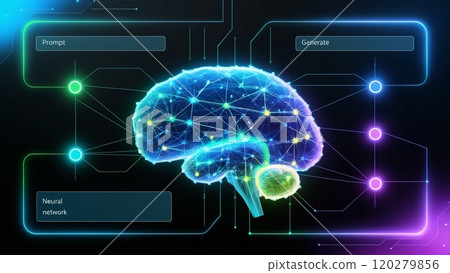Futuristic AI Neural Network with Interconnected Nodes and Data Flow. 120279856