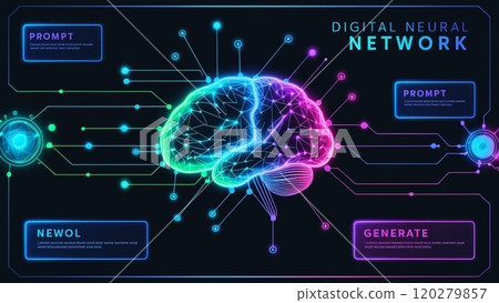 Futuristic AI Neural Network with Interconnected Nodes and Data Flow. 120279857