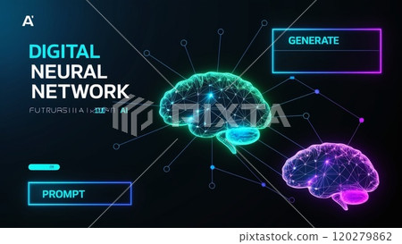 Futuristic AI Neural Network with Interconnected Nodes and Data Flow. 120279862