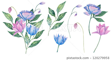 Watercolor illustration of bouquet with delicate pink and blue flowers with green leaves. The soft colors design make it perfect for floral themed art, botanical projects, and nature inspired decor. 120279958