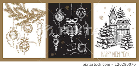 Christmas toy, house, tree, set, Hand drawn illustration Christmas toy, house, tree, set, Hand drawn illustration 120280070
