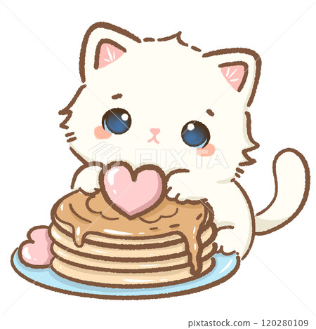 Cat pancakes Hand drawn illustration Valentines day style white kawaii cat kitty kitten pastel color isolated on transparent background, perfect for valentines day gifts, nursery decorations Cat pancakes Hand drawn illustration Valentines day style white kawaii cat kitty kitten pastel color isolated on transparent background, perfect for valentines day gifts, nursery decorations 120280109