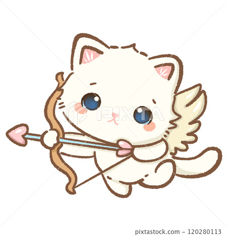 cat as cupid love arrow Handdrawn illustration Valentines day style white kawaii cat kitty kitten pastel color isolated on transparent background, perfect for valentines day gifts, nursery decorations 120280113