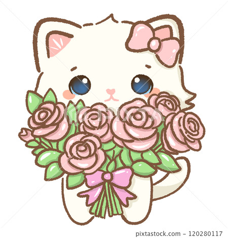 Cat holding a bouquet Hand drawn illustration Valentines day style white kawaii cat kitty kitten pastel color isolated on transparent background, perfect for valentines day gifts, nursery decorations Cat holding a bouquet Hand drawn illustration Valentines day style white kawaii cat kitty kitten pastel color isolated on transparent background, perfect for valentines day gifts, nursery decorations 120280117