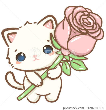 cat holding a rose Hand drawn illustration Valentines day style white kawaii cat kitty kitten pastel color isolated on transparent background, perfect for valentines day gifts, nursery decorations 120280118