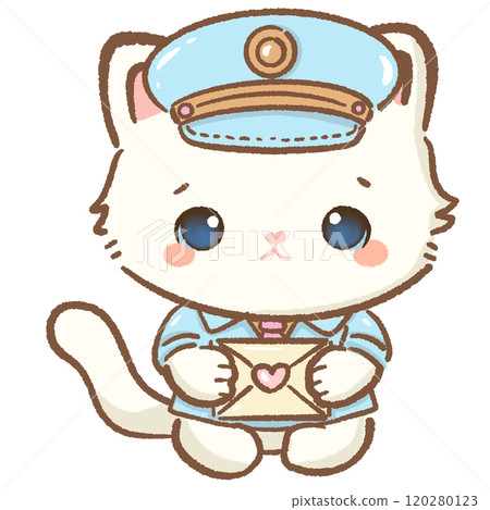 Post man cat Hand drawn illustration Valentines day style white kawaii cat kitty kitten pastel color isolated on transparent background, perfect for valentines day gifts, nursery decorations 120280123