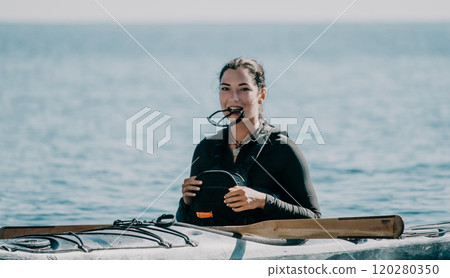 Woman Kayak Ocean Smiling Holding Paddle Prepare for Sea Kayaking Adventure Woman Kayak Ocean Smiling Holding Paddle Prepare for Sea Kayaking Adventure 120280350