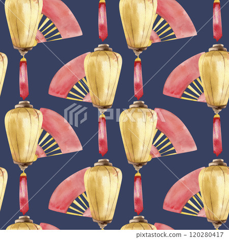 Chinese spring festive lights with red fan seamless pattern on dark blue. Watercolor winter seasonal background with Asain traditional symbols for gift packing,new year textile,apparel, wrap design Chinese spring festive lights with red fan seamless pattern on dark blue. Watercolor winter seasonal background with Asain traditional symbols for gift packing,new year textile,apparel, wrap design 120280417