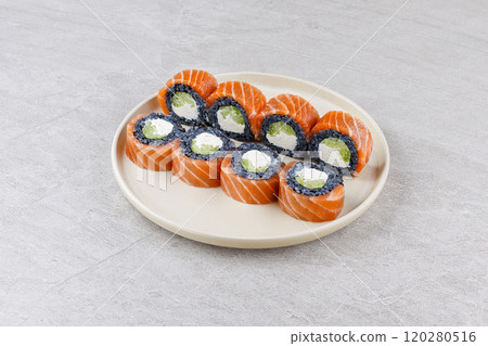 Japanese Sushi Rolls Philadelphia Uramaki Plate on Gray Background for Restaurant Menu or Food Delivery Japanese Sushi Rolls Philadelphia Uramaki Plate on Gray Background for Restaurant Menu or Food Delivery 120280516