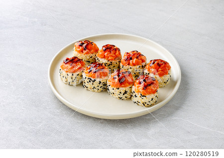Japanese Sushi Rolls Philadelphia Uramaki Plate on Gray Background for Restaurant Menu or Food Delivery 120280519