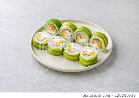 Japanese Sushi Rolls Philadelphia Uramaki Plate on Gray Background for Restaurant Menu or Food Delivery Japanese Sushi Rolls Philadelphia Uramaki Plate on Gray Background for Restaurant Menu or Food Delivery 120280536