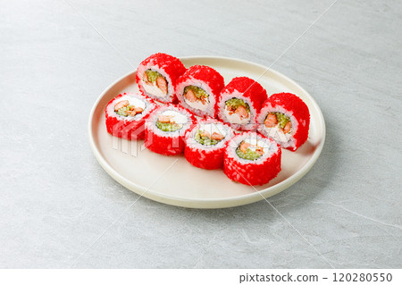 Japanese Sushi Rolls Philadelphia Uramaki Plate on Gray Background for Restaurant Menu or Food Delivery Japanese Sushi Rolls Philadelphia Uramaki Plate on Gray Background for Restaurant Menu or Food Delivery 120280550