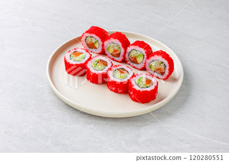 Japanese Sushi Rolls Philadelphia Uramaki Plate on Gray Background for Restaurant Menu or Food Delivery Japanese Sushi Rolls Philadelphia Uramaki Plate on Gray Background for Restaurant Menu or Food Delivery 120280551