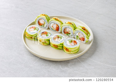 Japanese Sushi Rolls Philadelphia Uramaki Plate on Gray Background for Restaurant Menu or Food Delivery Japanese Sushi Rolls Philadelphia Uramaki Plate on Gray Background for Restaurant Menu or Food Delivery 120280554