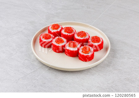 Japanese Sushi Rolls Philadelphia Uramaki Plate on Gray Background for Restaurant Menu or Food Delivery Japanese Sushi Rolls Philadelphia Uramaki Plate on Gray Background for Restaurant Menu or Food Delivery 120280565