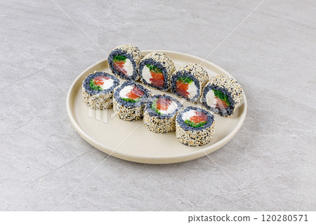 Japanese Sushi Rolls Philadelphia Uramaki Plate on Gray Background for Restaurant Menu or Food Delivery Japanese Sushi Rolls Philadelphia Uramaki Plate on Gray Background for Restaurant Menu or Food Delivery 120280571