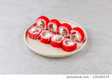 Japanese Sushi Rolls Philadelphia Uramaki Plate on Gray Background for Restaurant Menu or Food Delivery Japanese Sushi Rolls Philadelphia Uramaki Plate on Gray Background for Restaurant Menu or Food Delivery 120280574