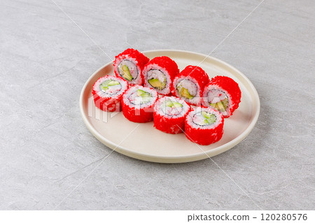 Japanese Sushi Rolls Philadelphia Uramaki Plate on Gray Background for Restaurant Menu or Food Delivery 120280576