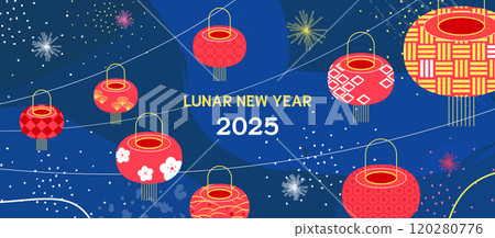 2025 Lunar New Year Banner. Festive Chinese Celebration with Hanging Red Lanterns, Fireworks, and Traditional Patterns on a Blue Night Background 120280776
