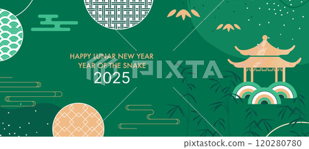 2025 Lunar New Year Banner. Year of the Snake Design Featuring Pagoda, Bamboo, and Traditional Geometric Patterns on a Green Background 120280780