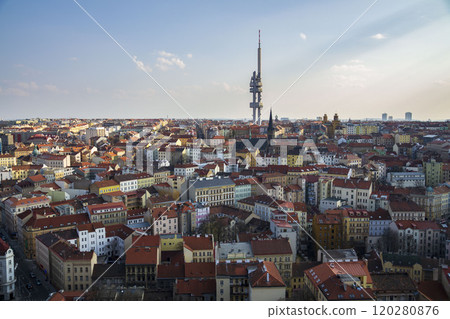 Prague skyline with Zizkov television tower transmitter, Czechia, Czech Republic 120280876