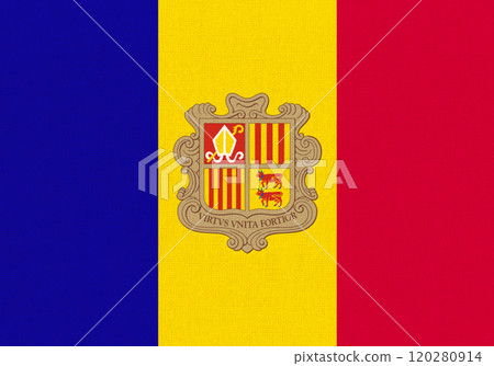 Flag of Andorra. Andorra state flag on fabric surface. Andorran national flag 120280914