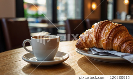 A Delightful Setting for Enjoying a Delicious Coffee and Croissant Breakfast Experience 120280915