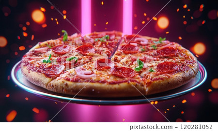 Delicious pepperoni pizza with glowing crust and vibrant toppings, levitating in a neon-lit setting, bursting with flavor. 120281052