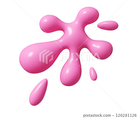 Pink liquid splash with smooth rounded edges, featuring scattered droplets around main blob shape. Realistic 3d vector glossy surface with fluid shape. Abstract decorative element for creative design. Pink liquid splash with smooth rounded edges, featuring scattered droplets around main blob shape. Realistic 3d vector glossy surface with fluid shape. Abstract decorative element for creative design. 120281126